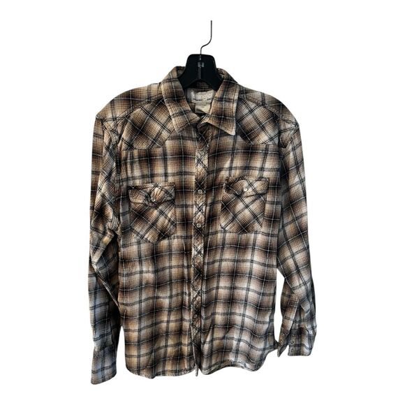 WRANGLER Shirt Mens Large Flannel Pearl Snap Brown Plaid Western Rodeo Vintage - Picture 1 of 7